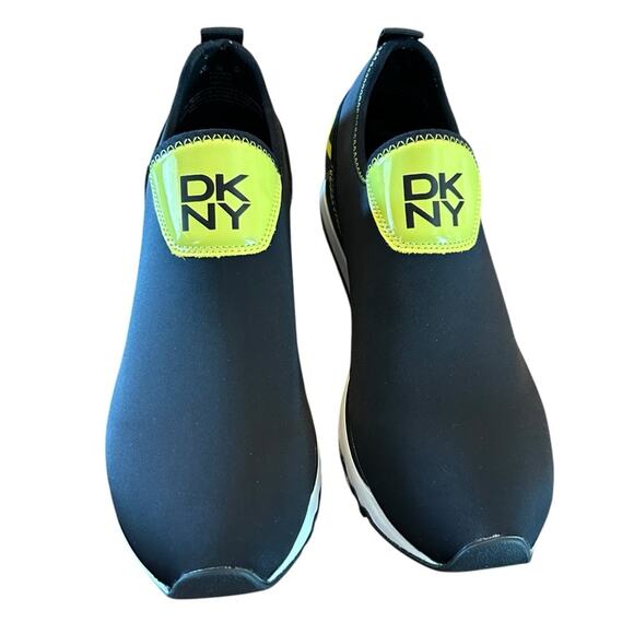 DKNY Jolie-Slip On Sneakers Neoprene Black Neon Yellow Logo NEW 7.5 - Picture 3 of 11